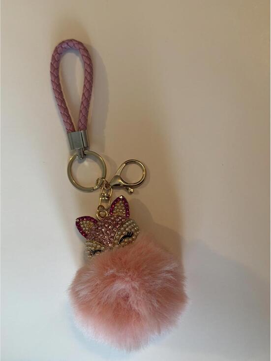 Handbags - Elegant Pink Fox Pompom Keychain with Rhinestones and Pearls